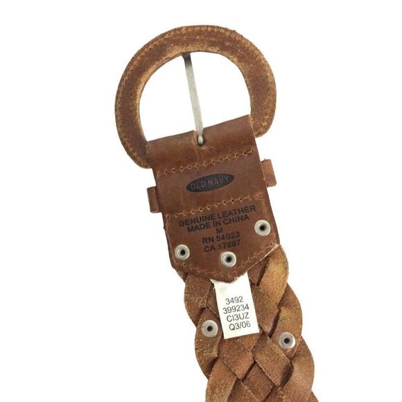 Old Navy Womens Belt Size Medium Brown Leather Braided Woven Studded Boho Hippie - Picture 3 of 3